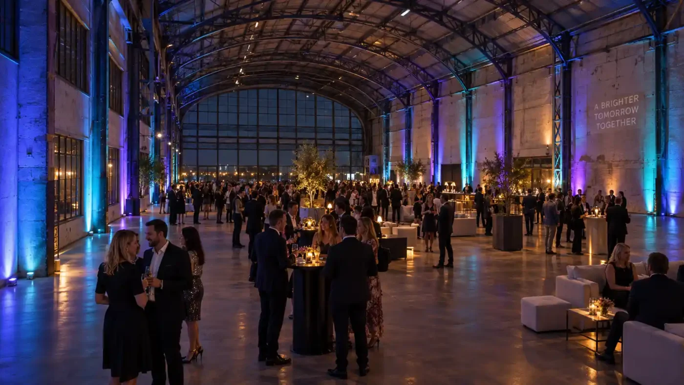 Feestelijke hangar met kleurrijke uplighting