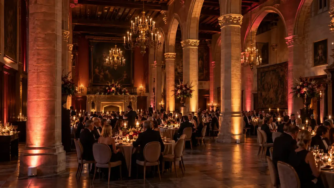 Luxe galadiner in een verlicht kasteel