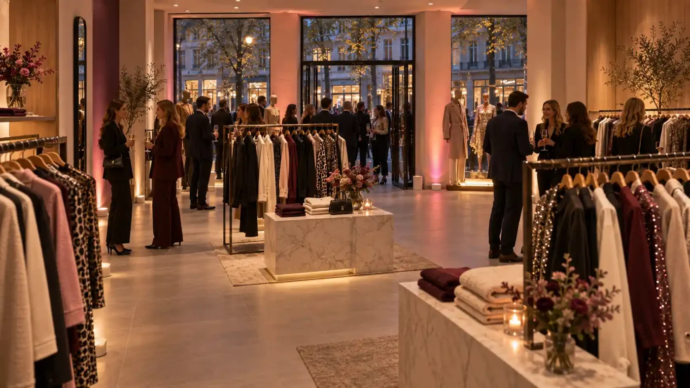Warme boutiqueopening tussen kledingrekken